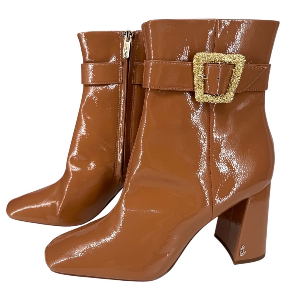 Sam Edelman Women's Corinne Square Toe Dress Booties Desert Camel Patent Sz 8.5M